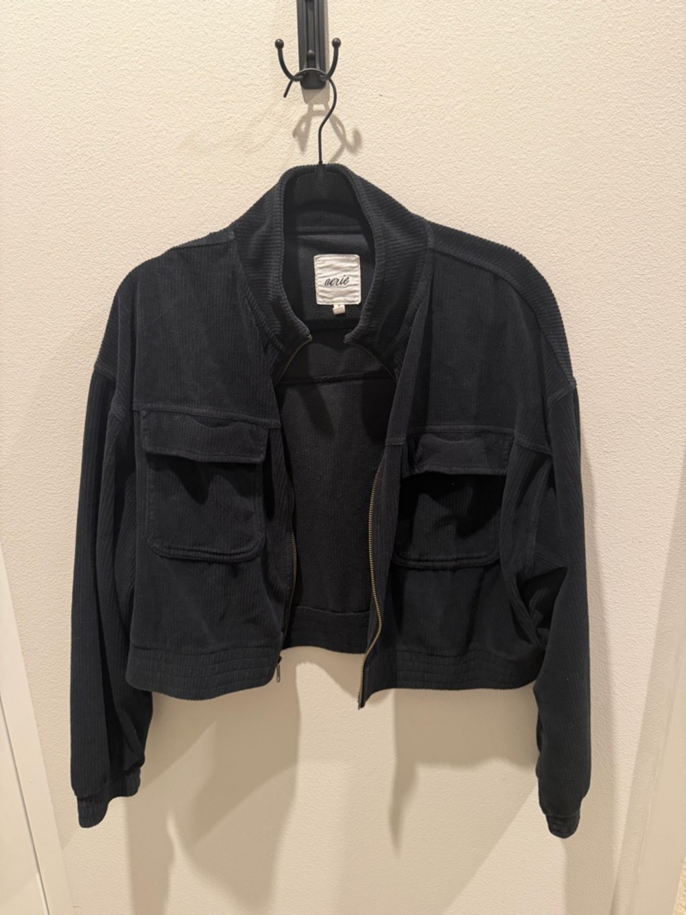 aerie Black Corduroy Cropped Zip Jacket with Flap Pockets